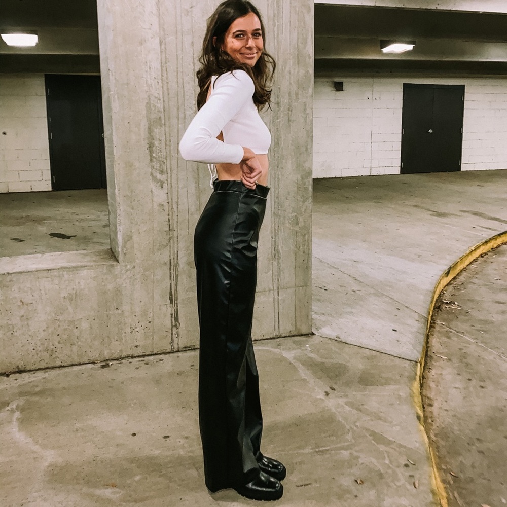 Black Matte Staight Leg Faux Leather Pants